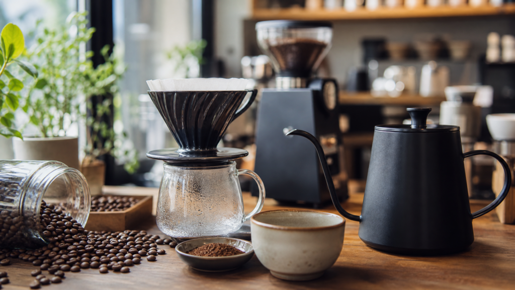 Preparación real de café de especialidad con granos, dripper y taza en un entorno cuidado