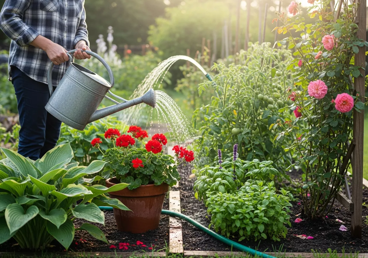 Riego de plantas y jardín en verano a primera hora del día.